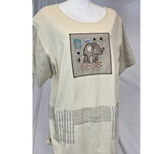 Casual‎ Corner Woman Linen Artwear Tunic Top Elephant Graphic Size 1X Boho